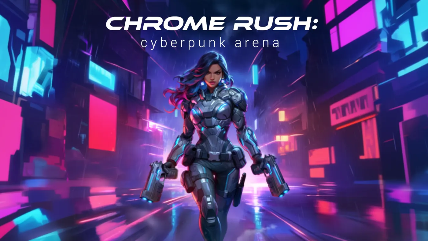 Chrome Rush key art: an armoured fighter with twin pistols walks down a rain-soaked neon street